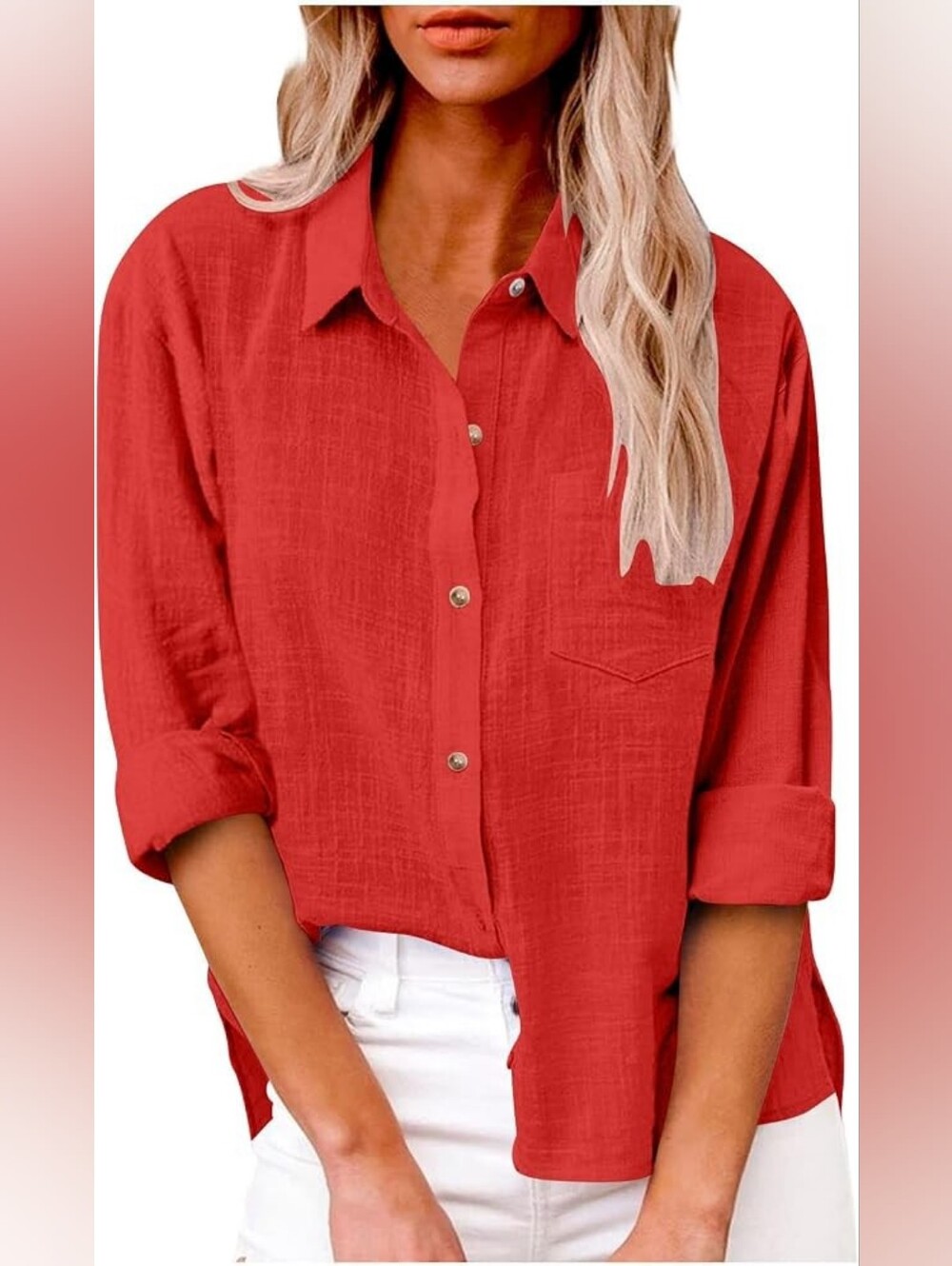 Red Linen Blend Button-Up Shirt